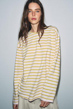 ZARA ФУТБОЛКА ИЗ ХЛОПКА И ЛЬНА В ПОЛОСКУ, ПАСТЕЛЬНО-РОЗОВЫЙ