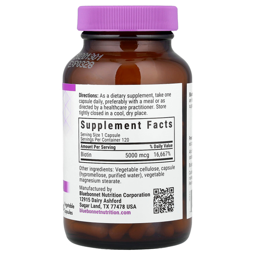 Bluebonnet Nutrition, Биотин, 5000 мкг, 120 растительных капсул