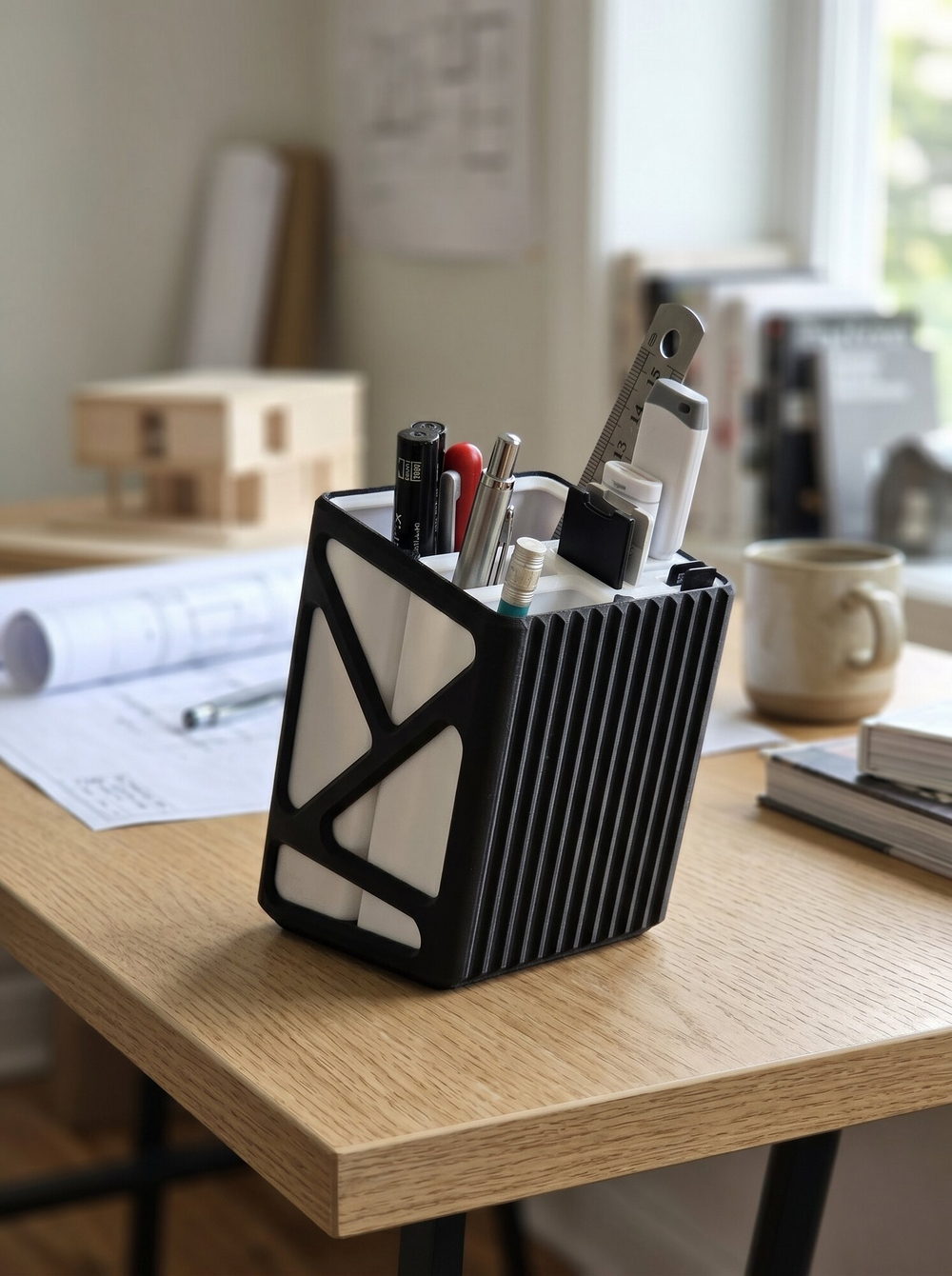 Подставка для ручек "Модулар", пластик, 3D-печать, белая с чёрным
