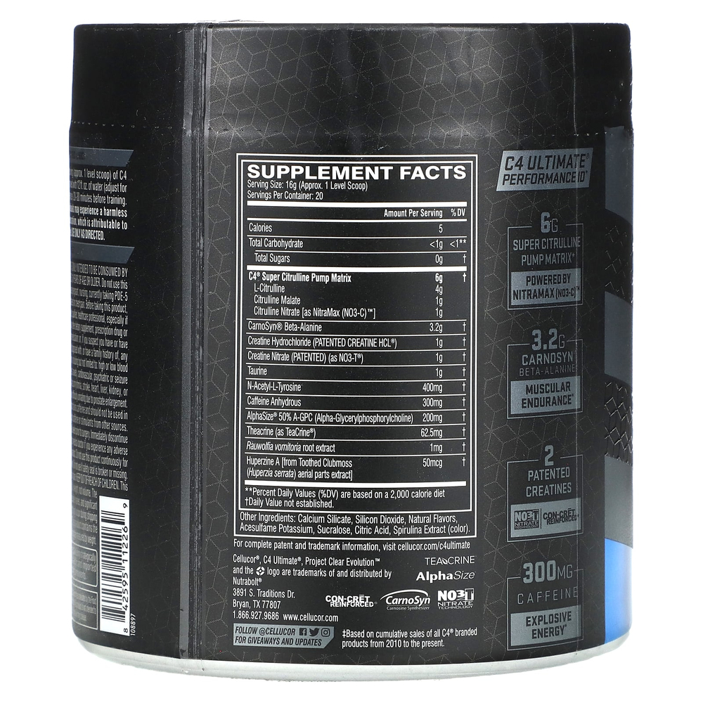 C4 / Cellucor, C4 Ultimate, предтренировочный комплекс, со вкусом ледяной голубой малины, 320 г (11,29 унции)