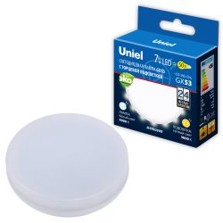 LED-GX53-7W-4000K+3000K-GX53-FR PLB02WH Лампа светодиодная. матовая. Белый свет 4000K. Торцевая подсветка. Теплый белый свет 3000K. Картон. ТМ Uniel.