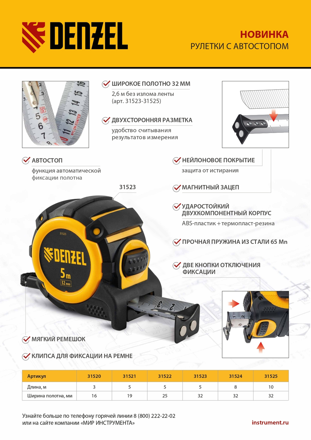 Рулетка 5м х 25мм, автоматич. фиксац., нейлон. покрытие, магнит. зацеп, двухстор. разметка Denzel