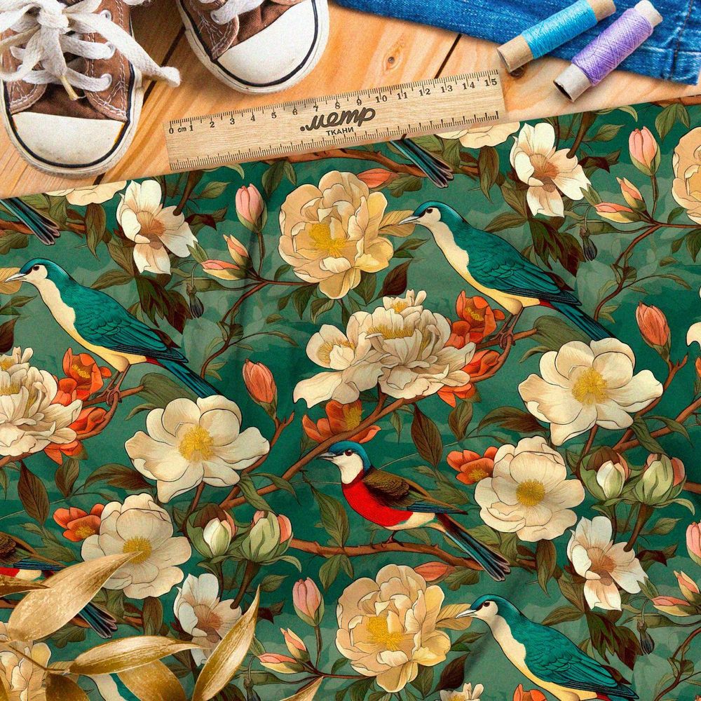 Ткань премиум атлас птахи в цветущем саду
