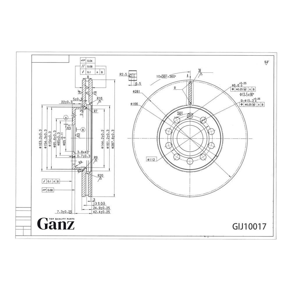 Диск тормозной GANZ передний с покрытием VAG+Skoda all 03 / Vent D=288mm Арт.: GIJ10017