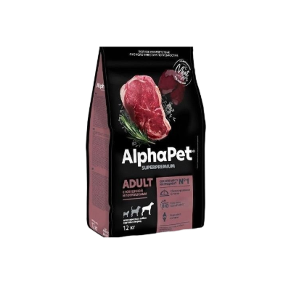 Сухой корм для собак сухой AlphaPet Superpremium для взрослых животных крупных пород, с говядиной и потрошками, 3 кг