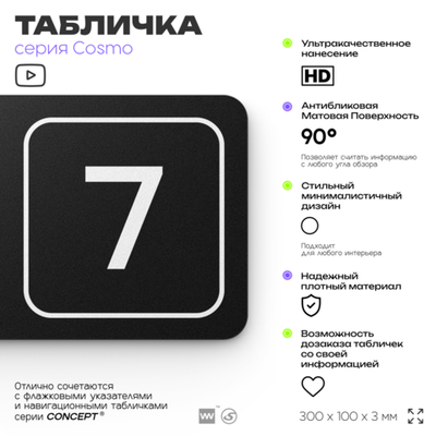 Таблички с номером помещения "Помещение №7", номер на дверь, 30 х 10 см, серия COSMO 3010, черная, Айдентика Технолоджи