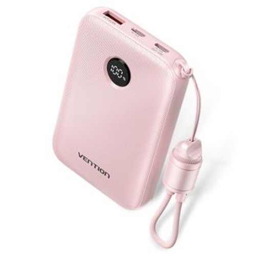 10000mAh Power Bank (USB-C + USB-C/USB-C/USB-A) with Built-in USB-C to USB-C Cable 22.5W Pink LED Display Type