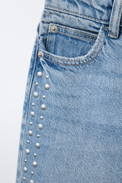 ZARA ДЖИНСЫ ПРЯМОГО КРОЯ С ЗАКЛЕПКАМИ, СИНИЙ