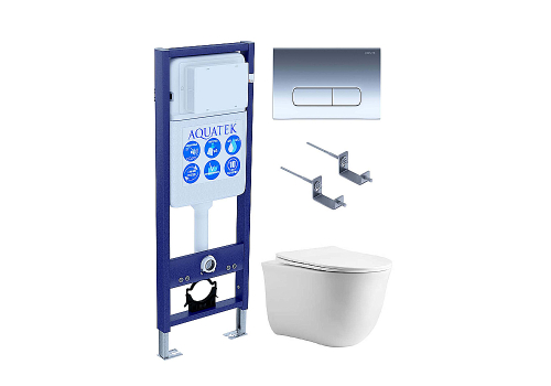 Унитаз подвесной с инсталляцией Aquatek Классик SET КЛАССИК cm-INS17-016 4в1 белый/кнопка хром, безободковый, с крышкой микролифт