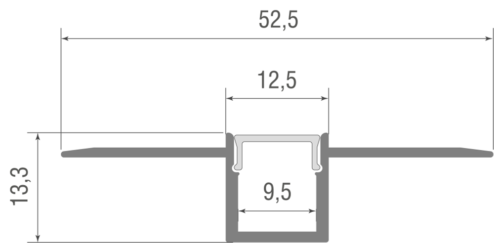 Встраиваемый алюминиевый анод. профиль под шпаклевку,  52, 5х13, 3х2000мм. В комплекте матовый экран,  4 торцевые заглушки,  алюминий
