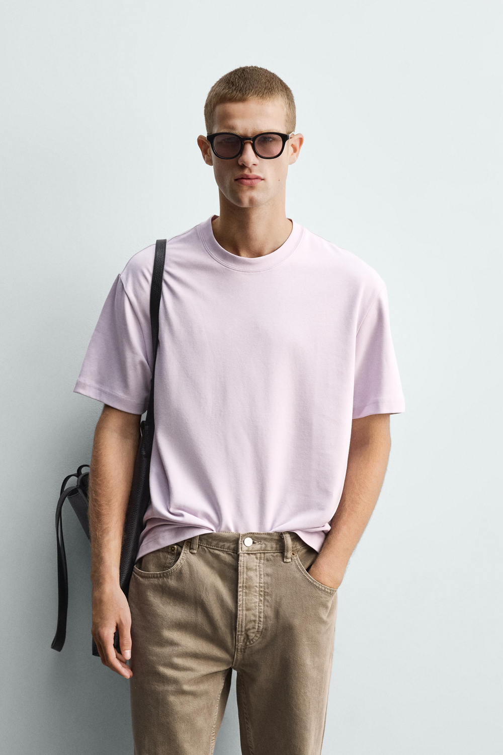 ZARA ФУТБОЛКА RELAXED FIT INTERLOCK, РОЗОВЫЙ/ЛИЛОВЫЙ