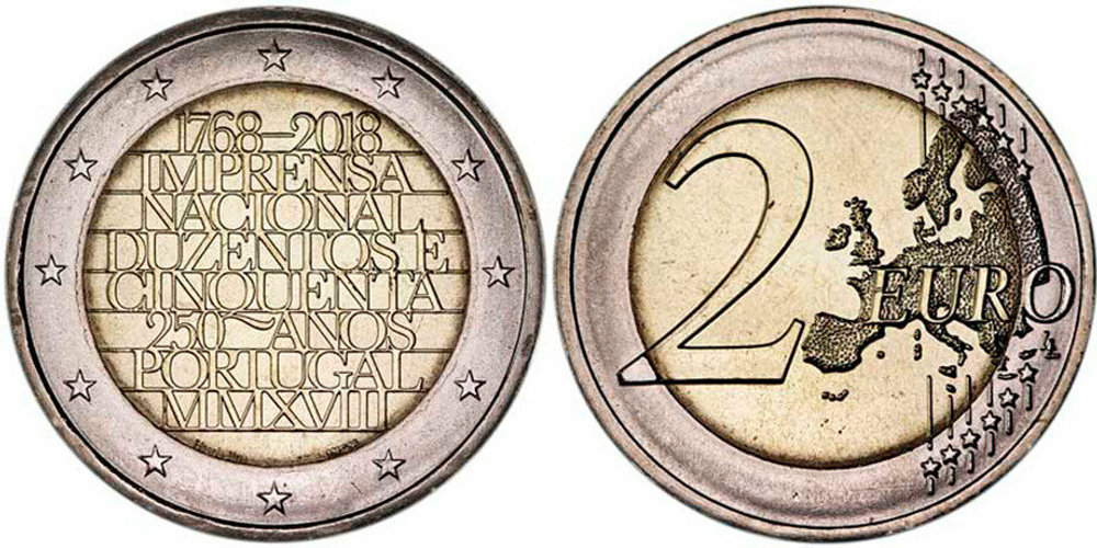 Португалия 2 евро, 2018 250 лет Imprensa Nacional-Casa da Moeda UNC