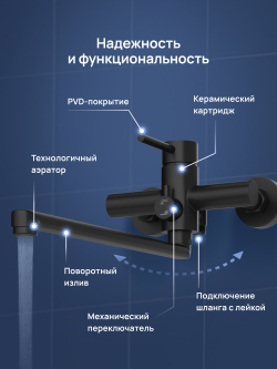 Смеситель с длинным изливом для ванны STWORKI Киркенес S45115BK матовый черный