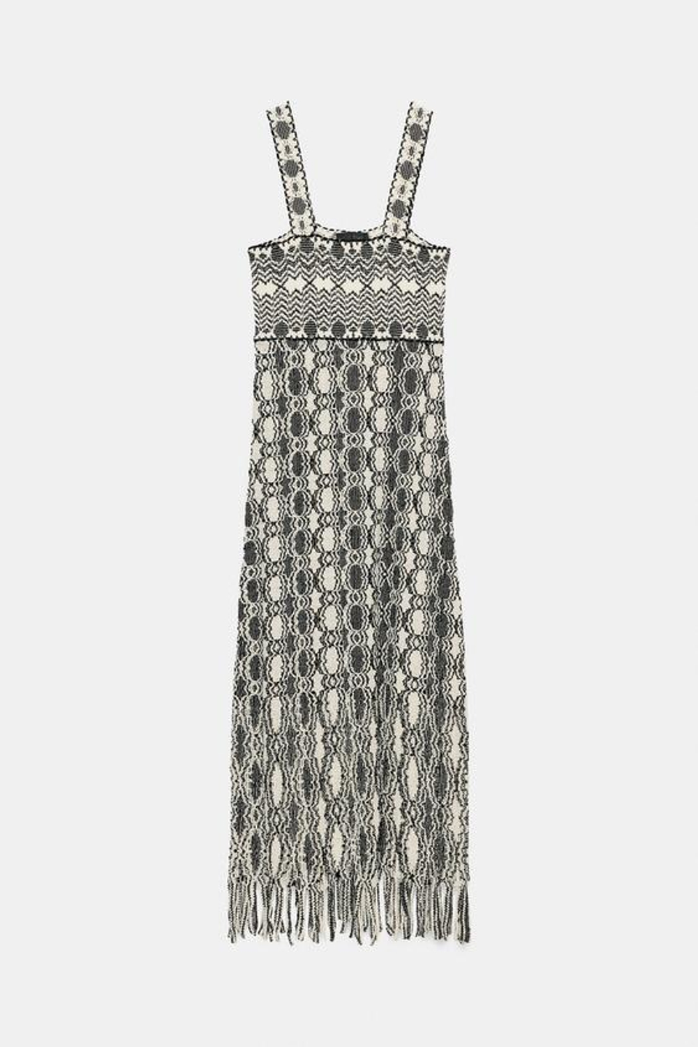 ZARA ТРИКОТАЖНОЕ ПЛАТЬЕ С БАХРОМОЙ, ЧЕРНЫЙ/БЕЛЫЙ