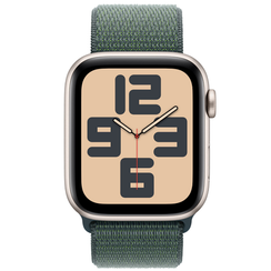 Умные часы Apple Watch SE 2024, 44 мм, корпус из алюминия цвета «сияющая звезда», спортивный браслет зеленого цвета (MXEW3)