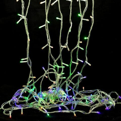 Электрогирлянда LED цвет. 180 ламп, 14м, 8 р.миг, прозрач. провод, кор