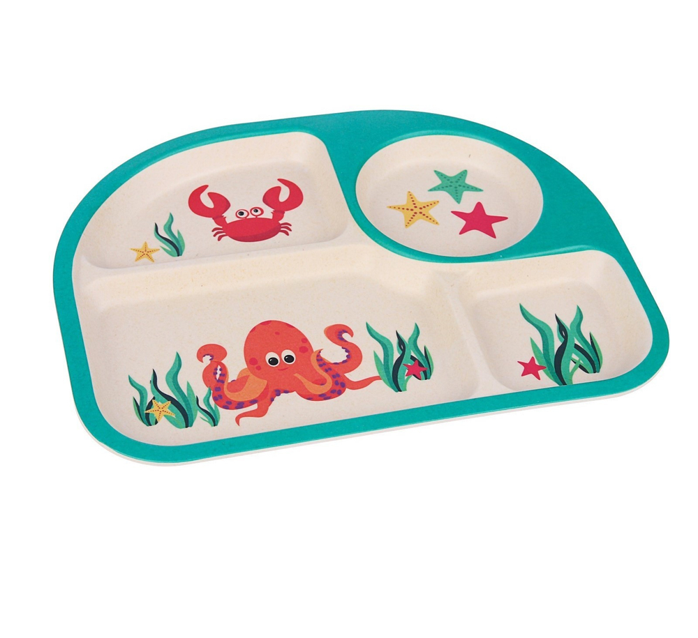 3860783 Набор детской посуды из бамбука «Морские жители», 5 предметов: тарелка, миска, стакан,
