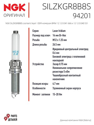 NGK SILZKGR8B8S 94201 Иридиевые свечи зажигания, 4 шт.