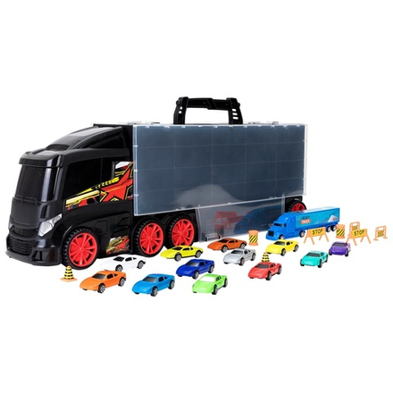 Детская машинка серии "Мой город" (Автовоз - кейс 60 см, черный. Набор из 12 машинок, 1 фуры и 8 дорожных знаков)