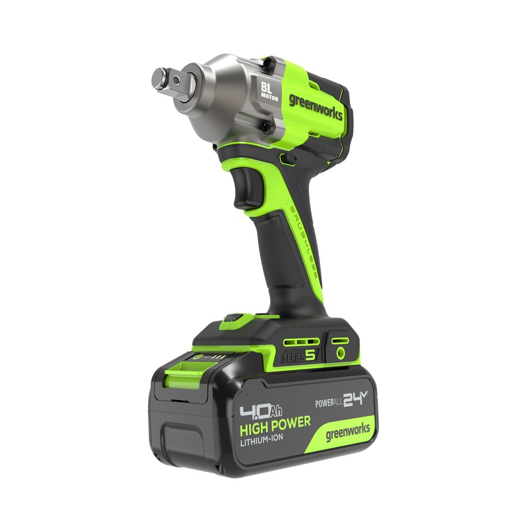 Гайковерт ударный акк. Greenworks IW5500, 24V, б/щет, 1/2'', 500Нм, 3 режима, 1х4Ач,ЗУ,кор (3805007CUB)