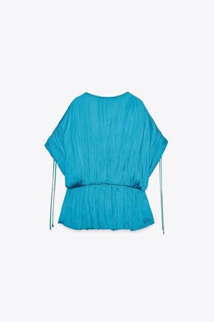 ZARA АТЛАСНАЯ БЛУЗА СО СБОРКАМИ, УТИНО-СИНИЙ