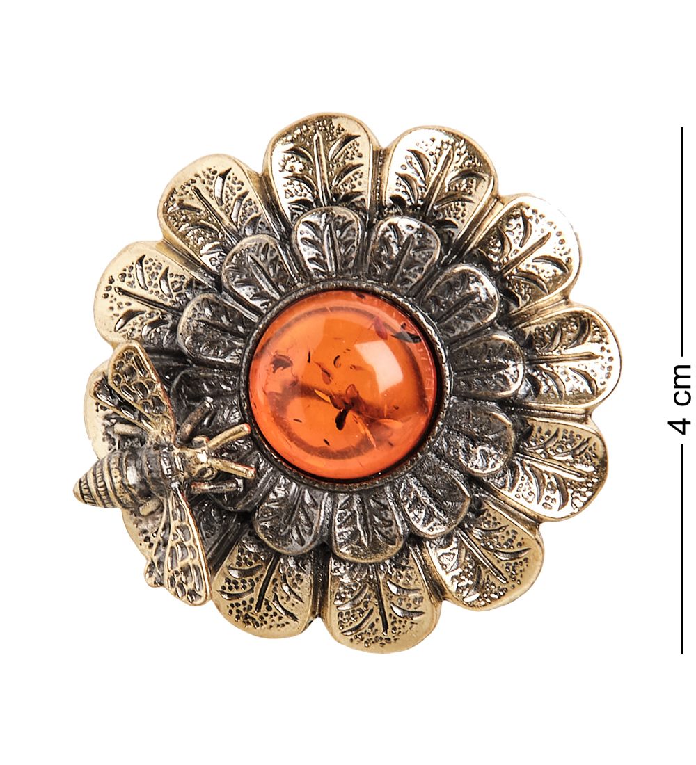 AM- 957 Брошь «Хризантема с пчелкой» (латунь, янтарь)