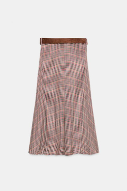 ZARA ЮБКА В КЛЕТКУ С РЕМНЕМ, КОРИЧНЕВЫЙ/ЭКРЮ