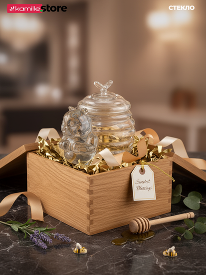 Баночка для меда 240 мл. с крышкой и декором "Мишка"