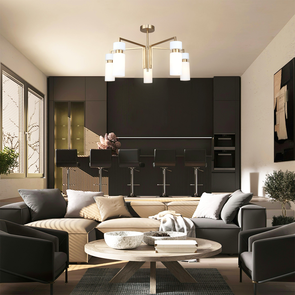 Люстра на штанге 5x40Вт E14, металл/стекло, бронза, белый плафон