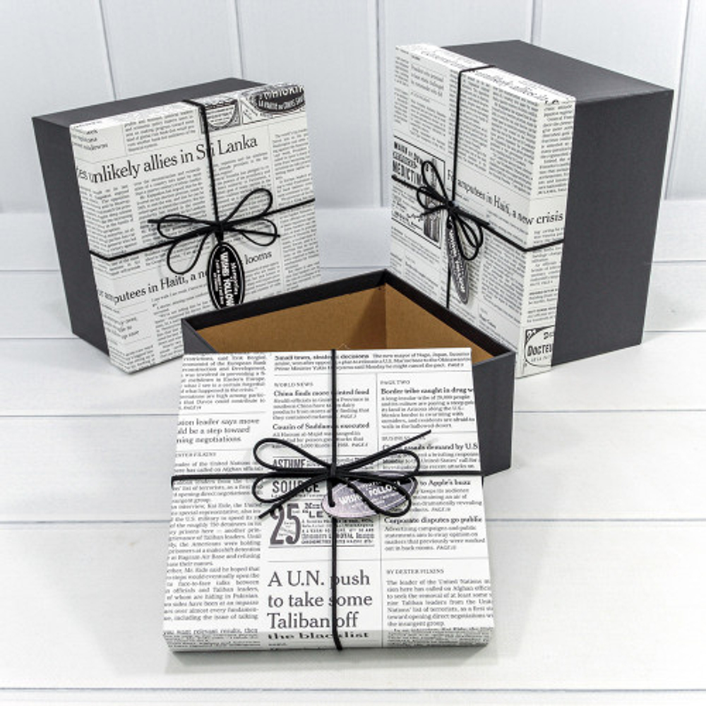 Коробка 21х21х12.3 см Набор 3 шт "Газета" с бантиком (Белый, Черный)