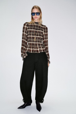 ZARA РУБАШКА В КЛЕТКУ С ЭЛАСТИЧНЫМ ЖАТЫМ УЗОРОМ, КОРИЧНЕВЫЙ/ЭКРЮ