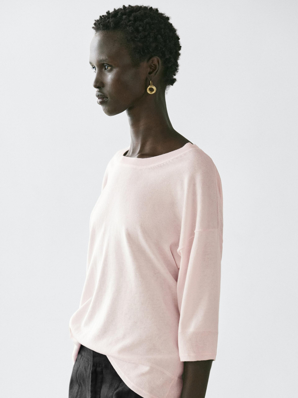 Massimo Dutti Свитер из смешанного хлопка с короткими рукавами, пыльная роза