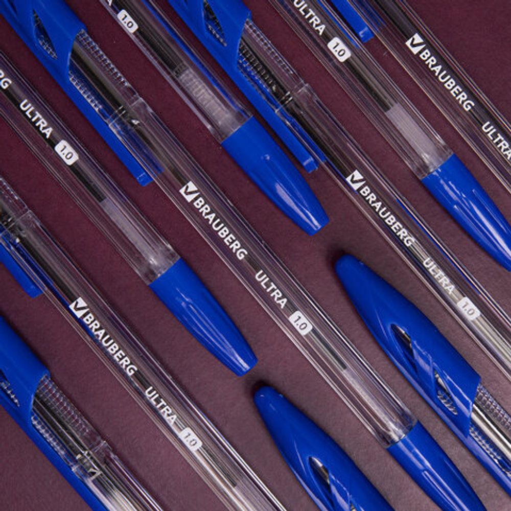 Ручки шариковые BRAUBERG "ULTRA", СИНИЕ, НАБОР 10 штук, корпус прозрачный, узел 1 мм, 143570