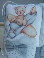 Комплект в кроватку 18 предметов "Мишка с шариками и на вертолете" серый, сатин