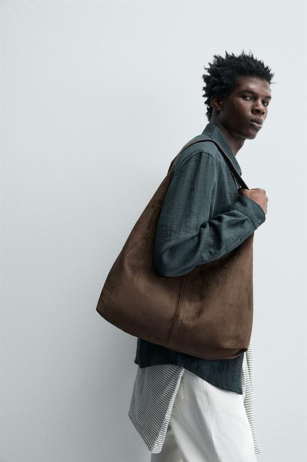 ZARA СУМКА-ШОППЕР ИЗ ИСКУССТВЕННОЙ ЗАМШИ, КОРИЧНЕВЫЙ