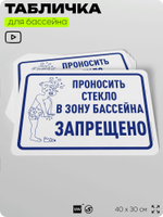 Табличка для бассейна "Проносить стекло запрещено", на пляж, для общественной и частной зоны отдыха, информационная, 40х30 см, Silver Plane x Айдентика Технолоджи