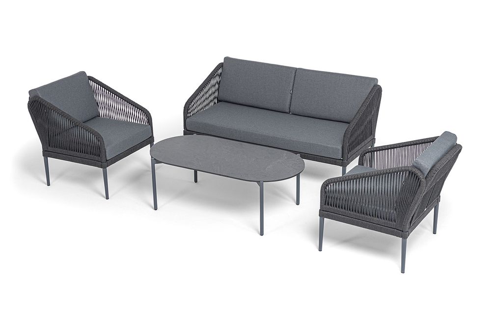 "Канны" лаунж-зона 4-местная (разборная) из роупа со столиком "Диего" цвета "серый гранит", роуп темно-серый круглый, ткань темно-серая