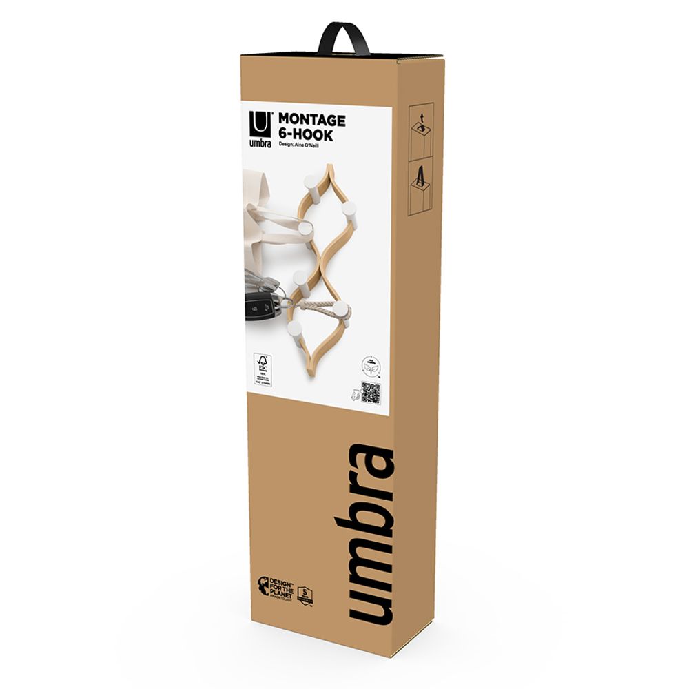 Вешалка настенная Montage, 6 крючков, натуральное дерево/белая