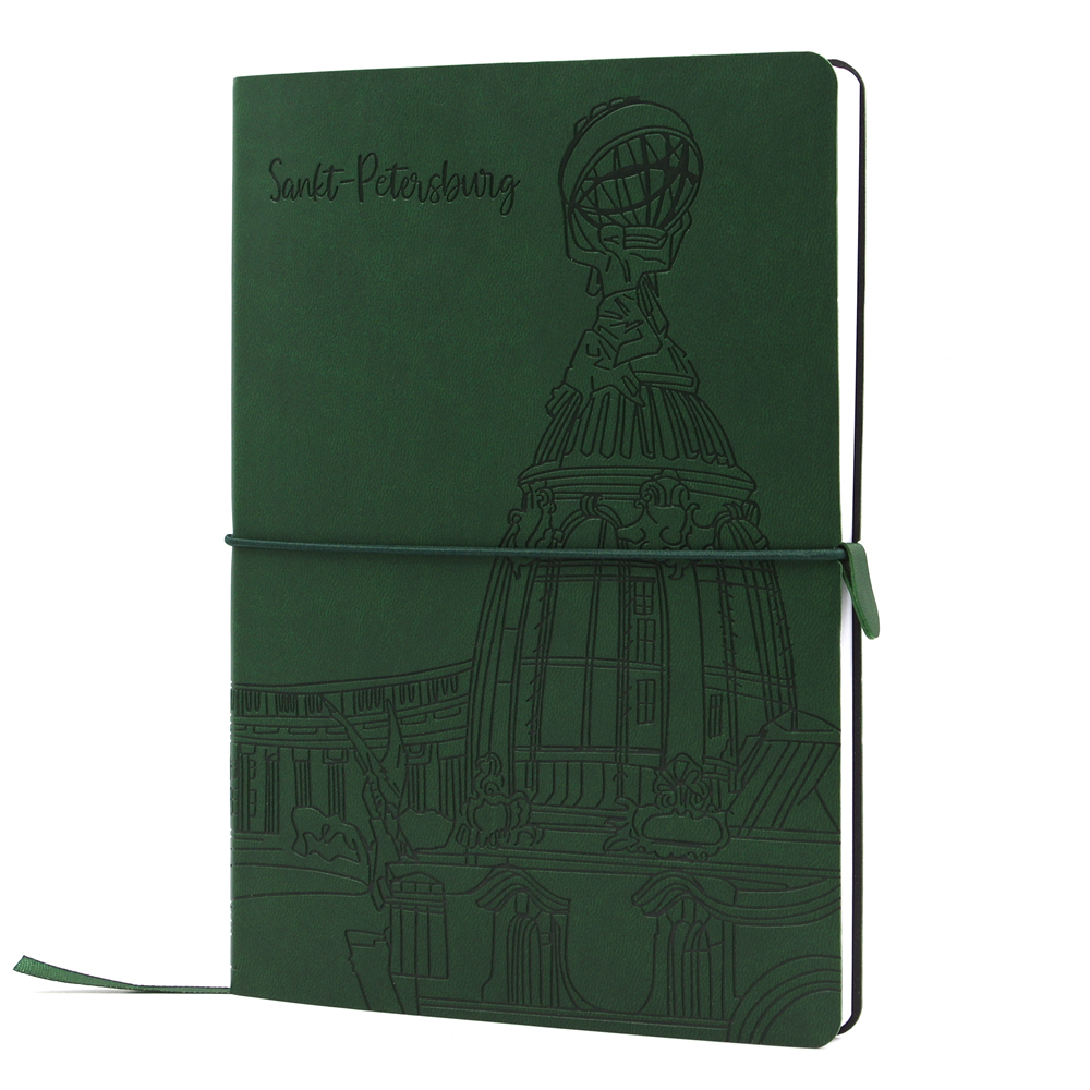 НОВИНКА! Блокнот "Питер. Дом Книги на Невском" в клетку А5 128 листов, гибкая обложка из экокожи (цвет темно-зелёный) с блинтовым тиснением рисунка по полю