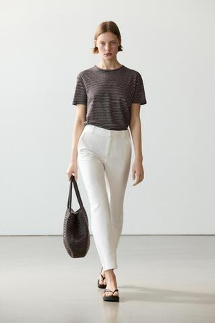 Massimo Dutti Брюки приталенного кроя из смесовой льняной ткани, экрю