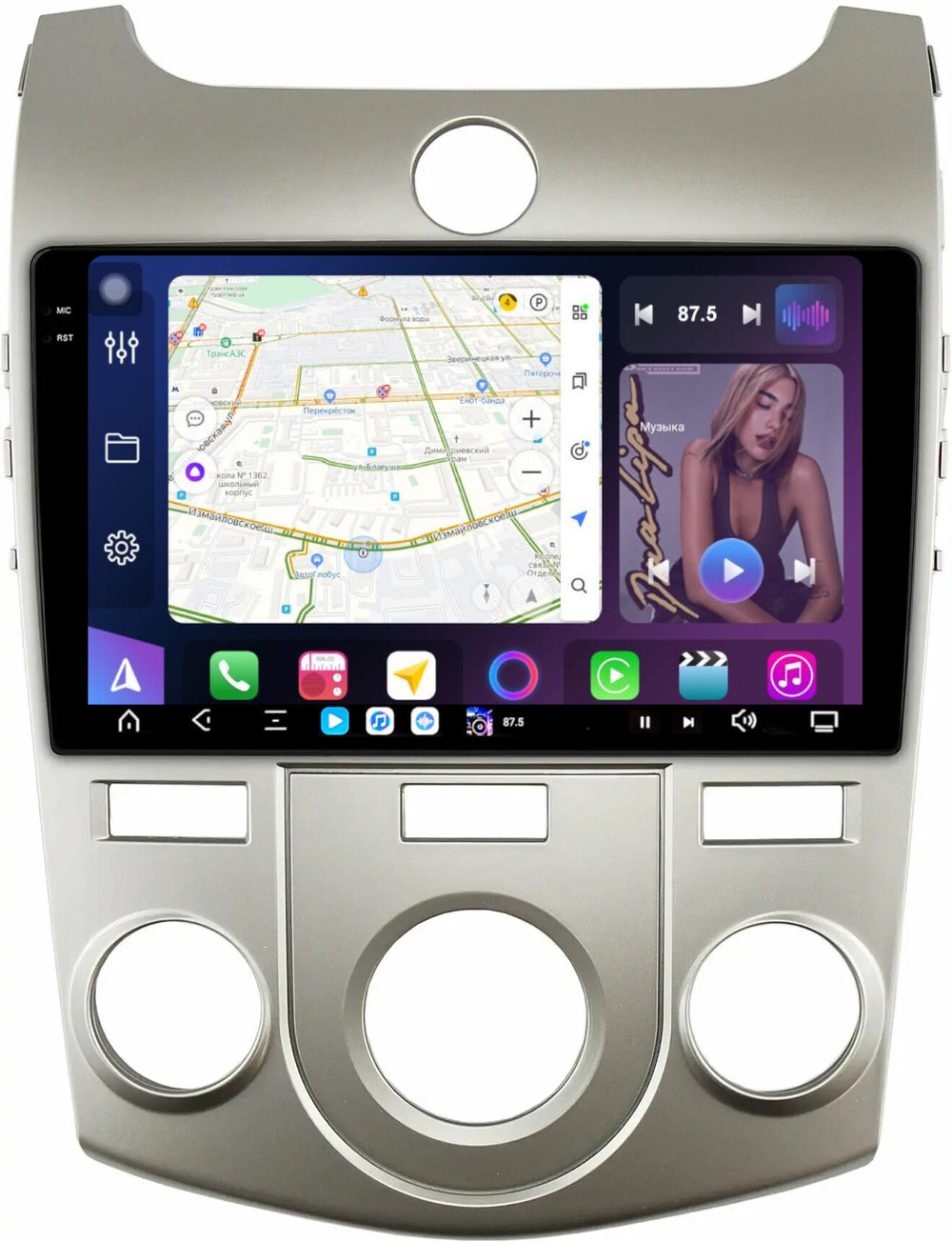 Магнитола для KIA Cerato 2 2008-2013 (кондиционер, рамка серебро) - FarCar XXL9-7093CNS монитор 9.5" 2K QLED на Android 14, TS20, 8+256Гб, CarPlay, 4G SIM-слот