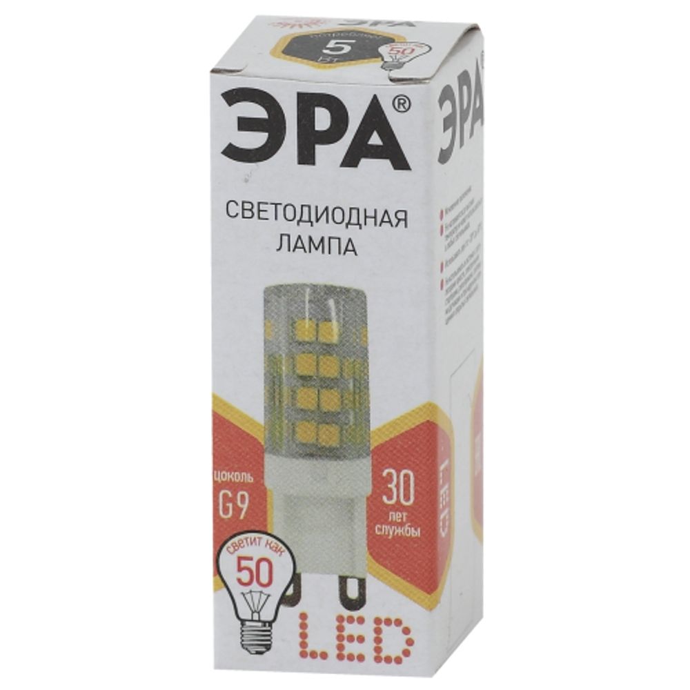 Лампочка светодиодная ЭРА STD LED JCD-5W-CER-827-G9 G9 5Вт керамика капсула теплый белый свет | Лампы cветодиодные Капсульные (G4, G9)