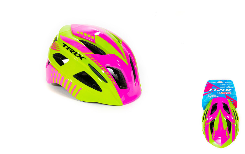 Шлем вело TRIX детский кросс-кантри 13 отверстий регулировка обхвата S 52-54см In Mold розово-зеленый