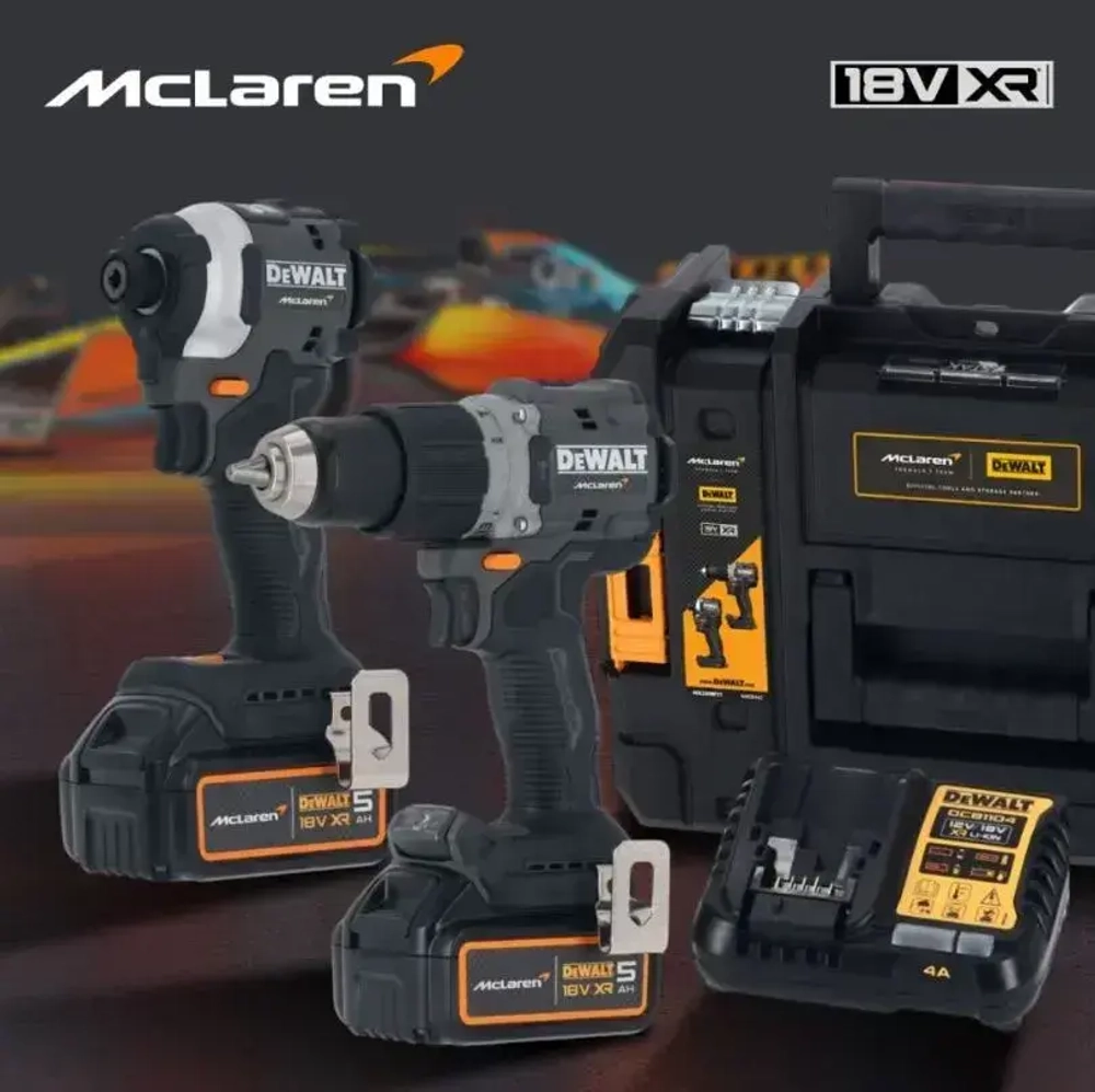 Аккумуляторный набор DEWALT McLaren Limited Edition DCK200MP2T: дрель-шуруповерт + шуруповерт, с 2 АКБ 5 Ач и ЗУ, в кейсе