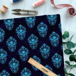 Ткань бифлекс симметричный голубой узор на синем фоне