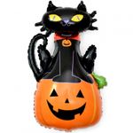 КОТ Шар-фигура, фольга, "Хэллоуин. Кошка на тыкве" (Falali), 38"/97 см (БГ-35)