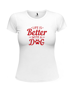 Футболка Life is better with a dog unisex белая с красным рисунком