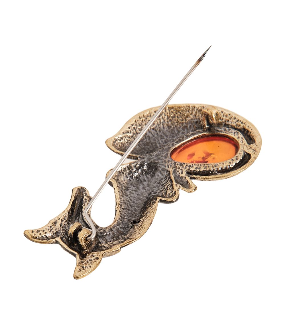 AM- 925 Брошь «Лис» (латунь, янтарь)