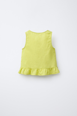 ZARA ТОП ИЗ ХЛОПКА И ЛЬНА С БАНТАМИ, ЛАЙМОВЫЙ
