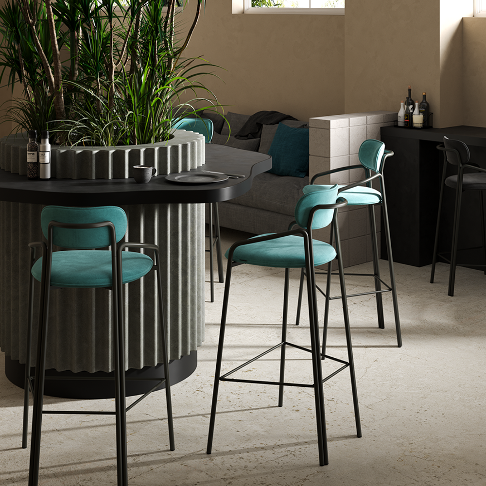 Стул барный Ror, round, велюр, черный/светло-бирюзовый